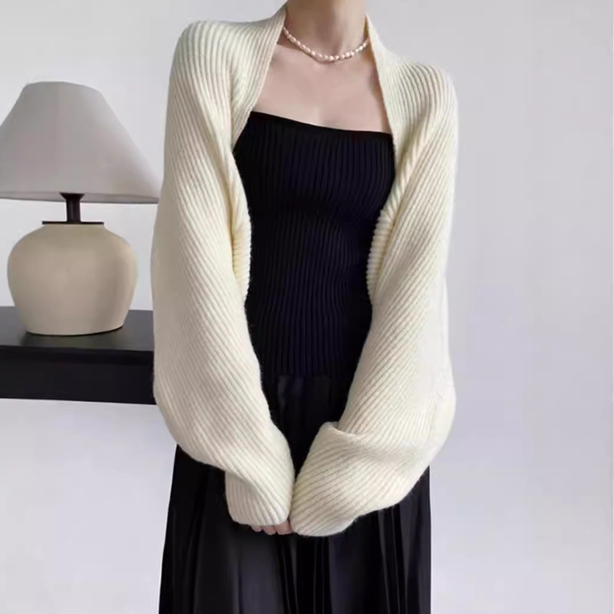 Summer Light Clothing - Knitted Solid Color Shawl With Sleeves
