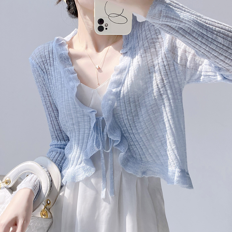 Ruffled Trim Tie Front Long Sl - Summer Light Clothing 리뷰 및 가격
