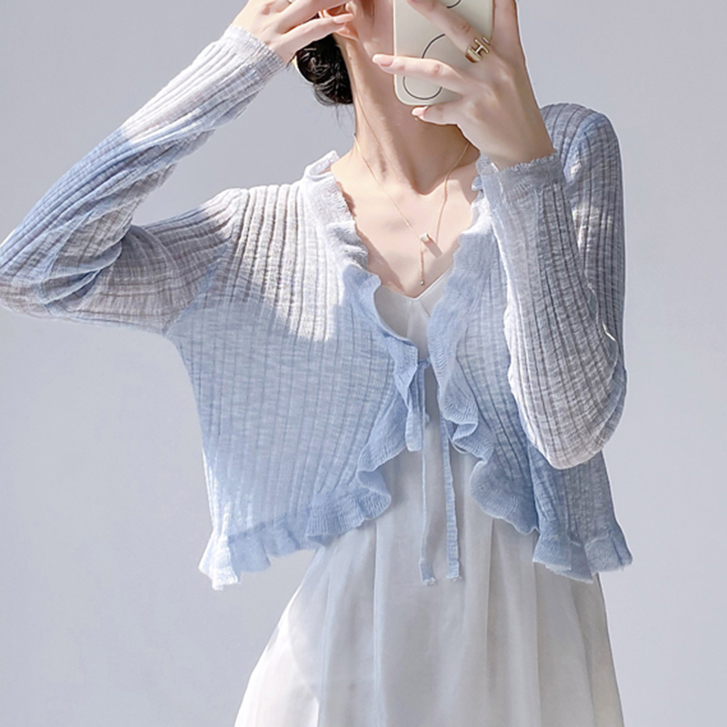 Ruffled Trim Tie Front Long Sl - Summer Light Clothing 리뷰 및 가격