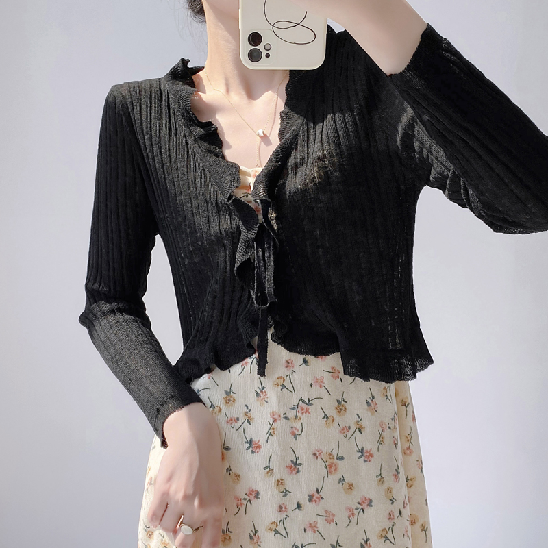 Ruffled Trim Tie Front Long Sl - Summer Light Clothing 리뷰 및 가격