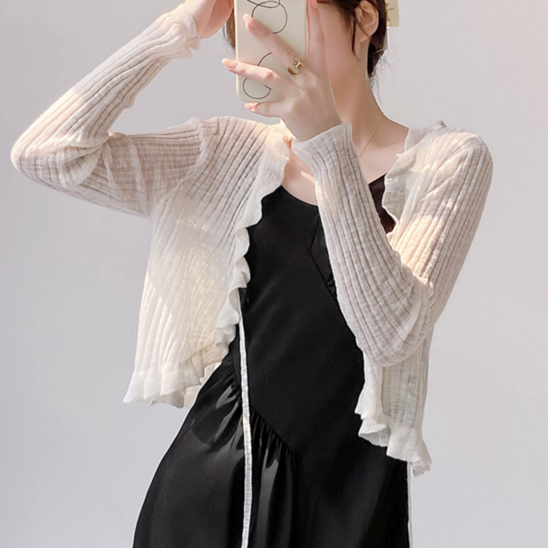 Ruffled Trim Tie Front Long Sl - Summer Light Clothing 리뷰 및 가격
